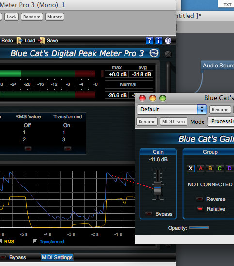 Step 10 - The gain for the second audio source is now controlled by the transformed envelope of the first audio source